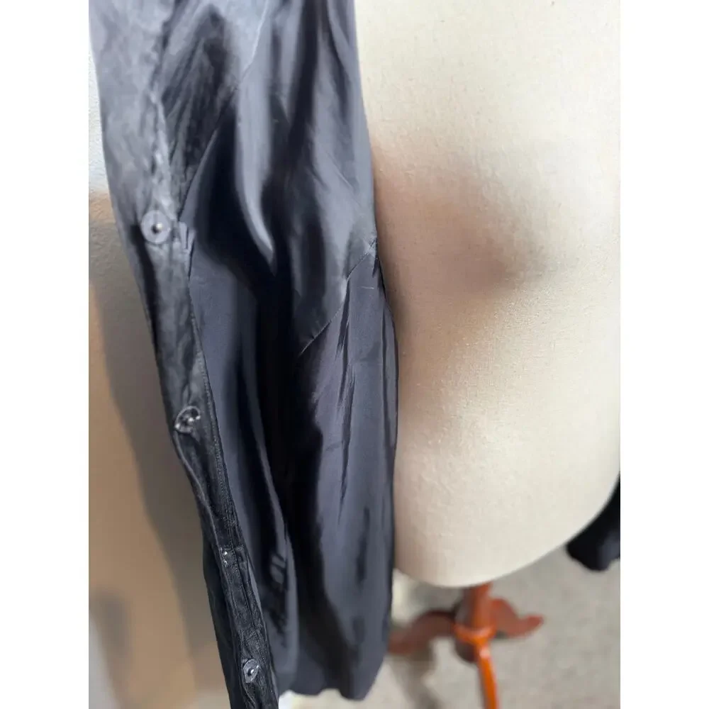 Eileen Fisher Woman black satin crinkle jacket lined snap up loose sleeve Sz XL